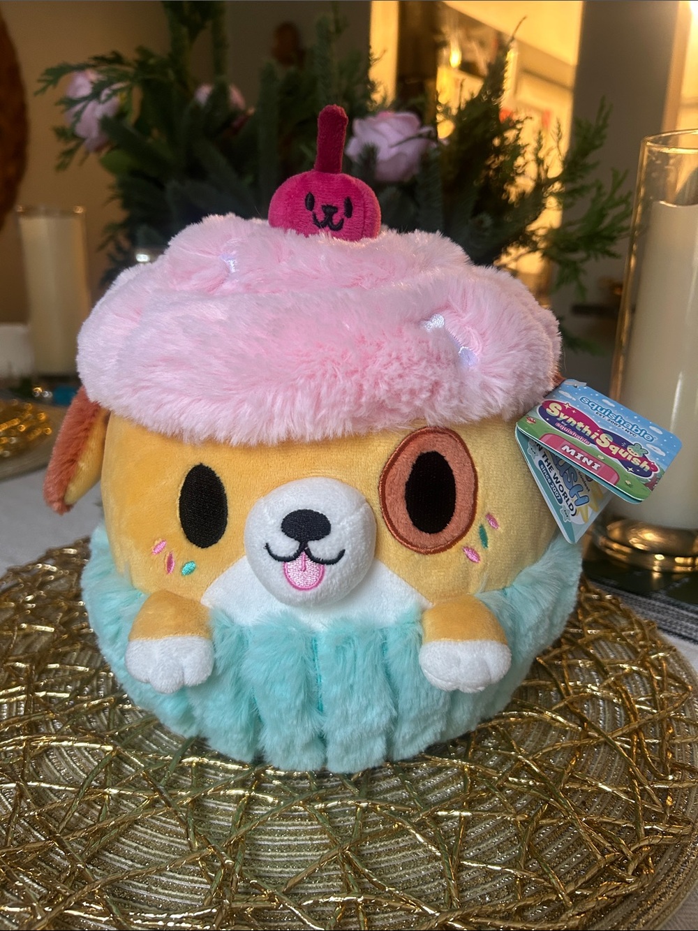 Squishy Plush Dog Dessert Toy - Pink, Yellow & Aqua